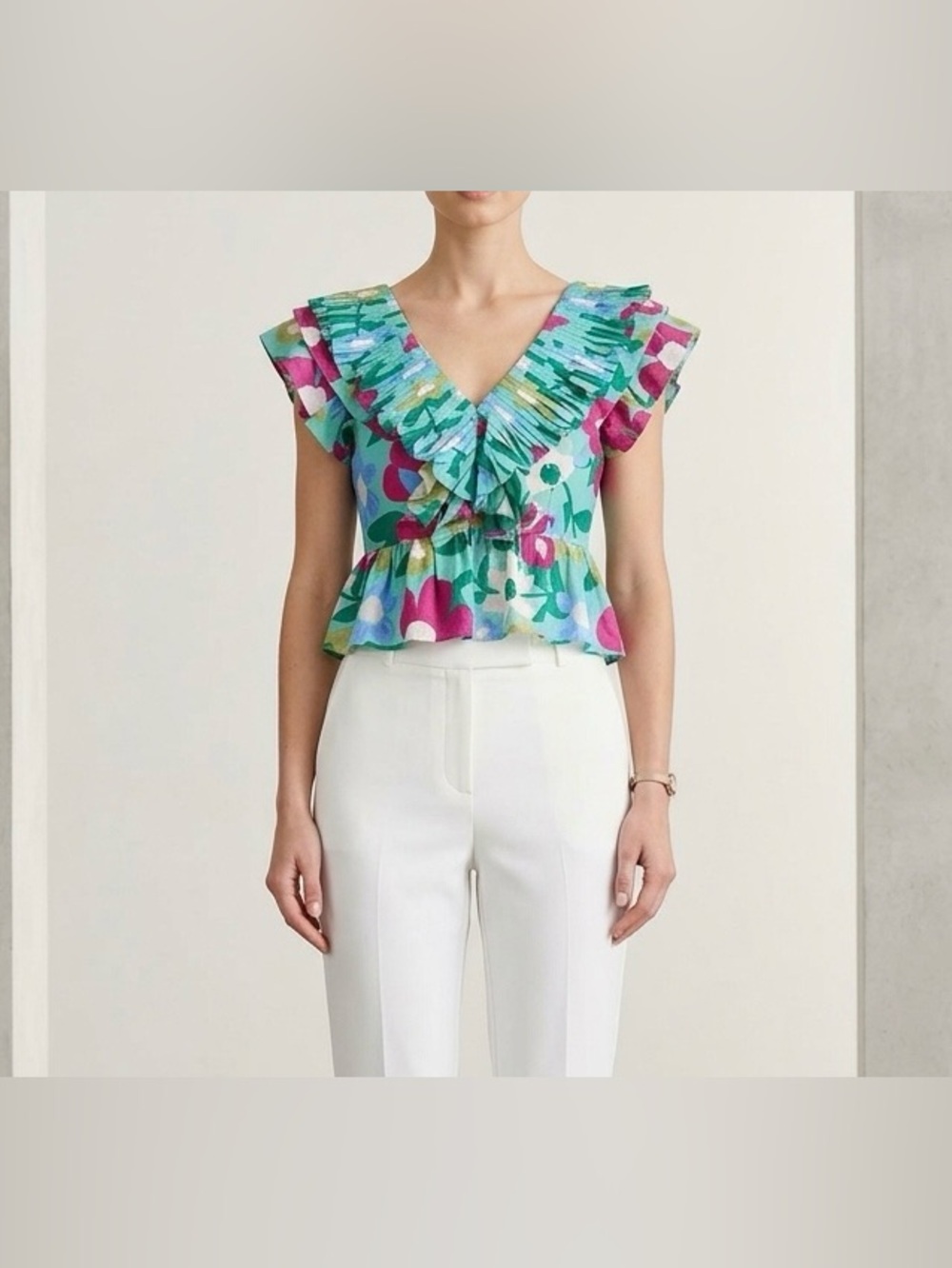 Entro Floral Peplum Blouse Green Pink Ruffle V-Neck Size L Boho Cottagecore